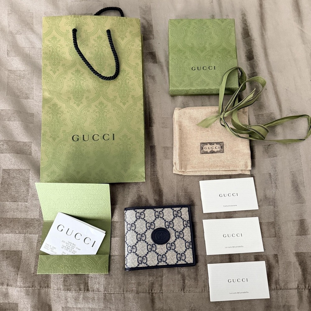 Gucci GG Supreme Navy Blue Beige Bifold Wallet NEW Box Dust Bag Ribbon Gift Set